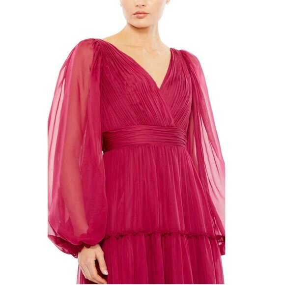 FLAWED - NWT Mac Duggal Ruffle Tiered Puff Sleeve A Line Gown 18 Berry #8247 - Picture 2 of 16